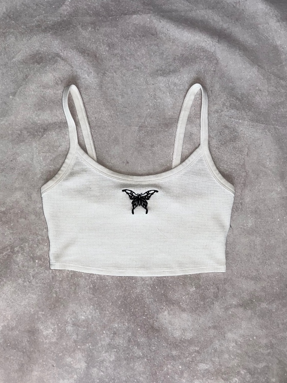 Garage White Butterfly Embroidered Crop Tank XS